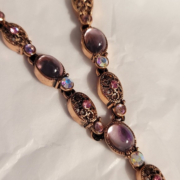 Vintage AVON Pink Glass Cabochon Y Drop Necklace Copper Filigree & Chain 22" - Picture 3 of 12